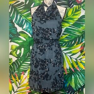 Banana Republic 0 Dark Teal Black Halter Side Snap Floral Work Whimsigoth Dress